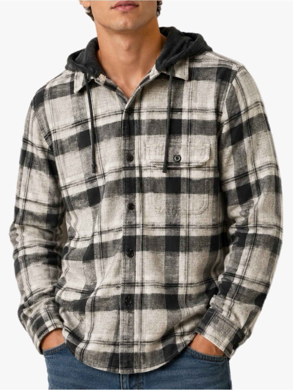 American Eagle Gray Plaid Hooded Flannel Button Down Shirt Men’s Size Small